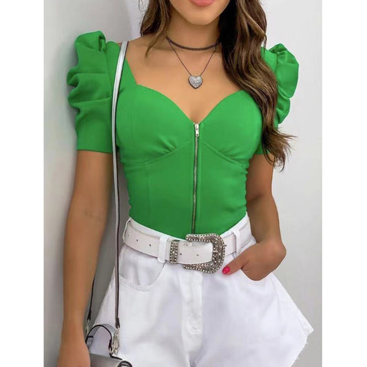 Summer New Sexy U-neck Puff Sleeve Front Zipper Women's Top