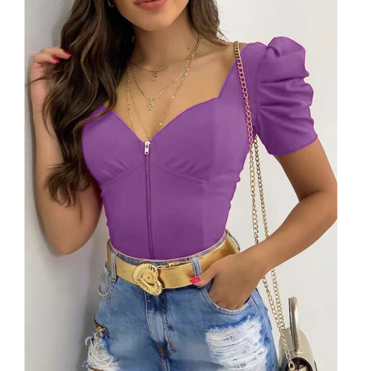 Summer New Sexy U-neck Puff Sleeve Front Zipper Women's Top