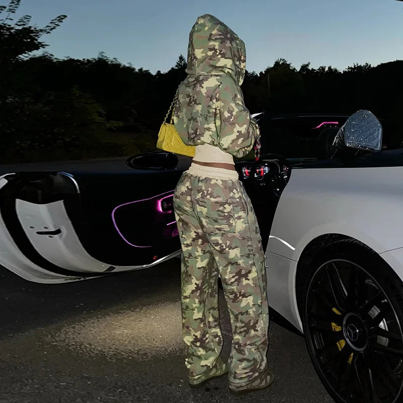 🖤 Camouflage Chic 2-Piece Set – Hoodie & Wide Leg Pants