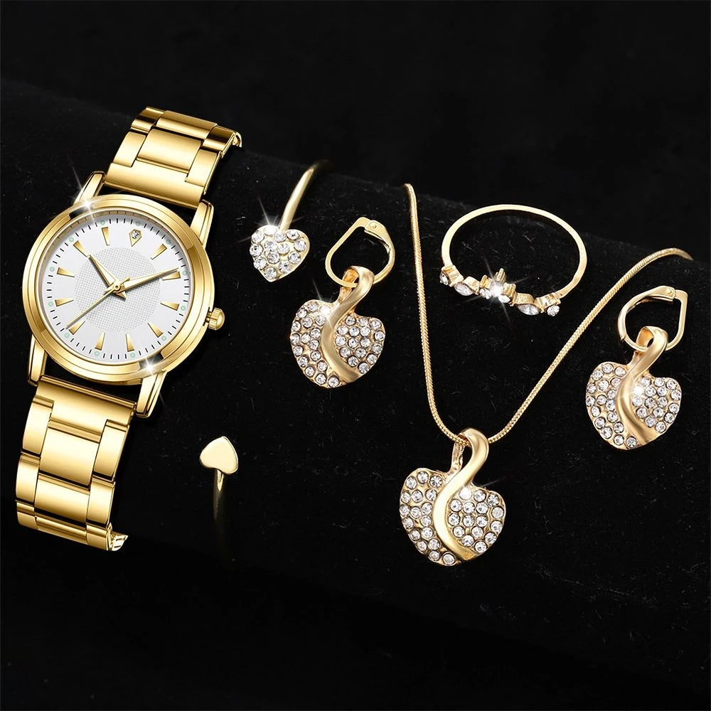 ๐ Luxury Heart Sparkle Set โ Goudkleurig Horloge & Sieradencombi met Kristallen Accenten (6-delig)