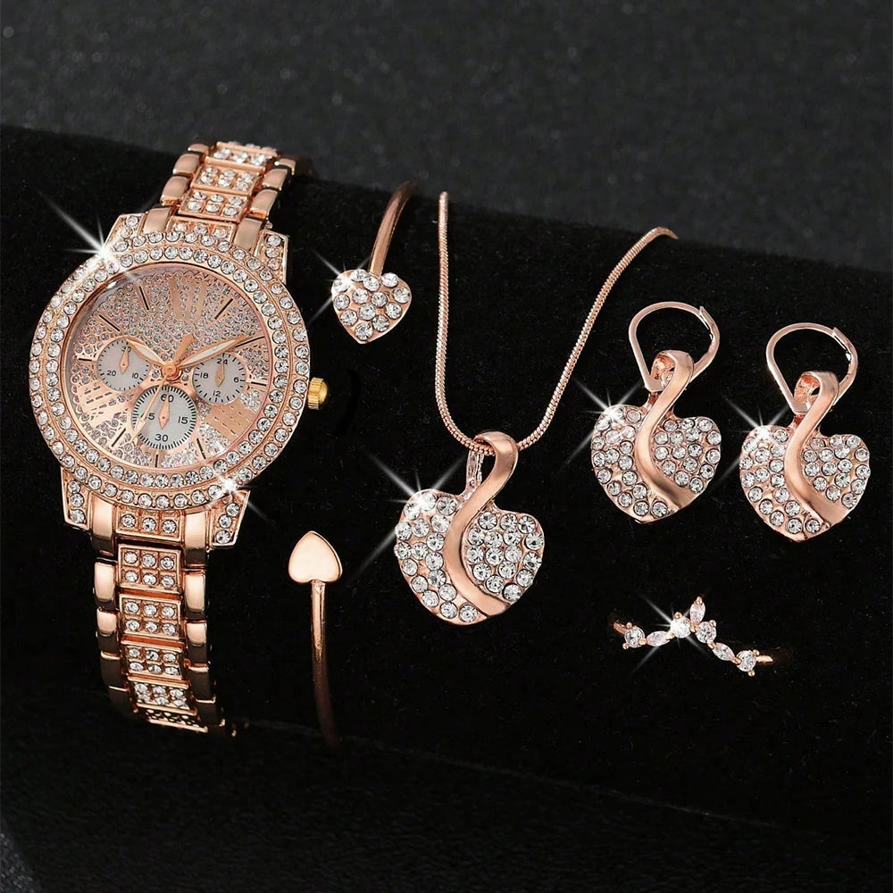 ๐ Luxury Heart Sparkle Set โ Goudkleurig Horloge & Sieradencombi met Kristallen Accenten (6-delig)
