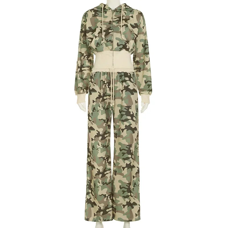 🖤 Camouflage Chic 2-Piece Set – Hoodie & Wide Leg Pants