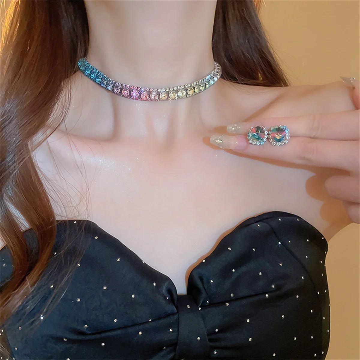 ๐ Crystal Glam โ Kleurrijke Geometrische Sieradenset (Ketting & Oorbellen)