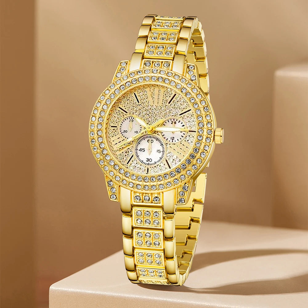 ๐ Luxury Heart Sparkle Set โ Goudkleurig Horloge & Sieradencombi met Kristallen Accenten (6-delig)