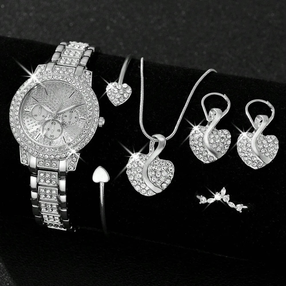 ๐ Luxury Heart Sparkle Set โ Goudkleurig Horloge & Sieradencombi met Kristallen Accenten (6-delig)