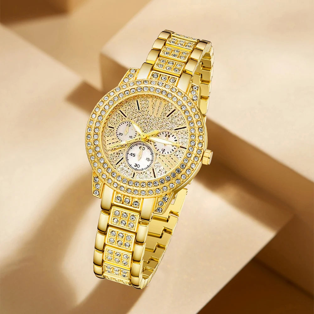 ๐ Luxury Heart Sparkle Set โ Goudkleurig Horloge & Sieradencombi met Kristallen Accenten (6-delig)