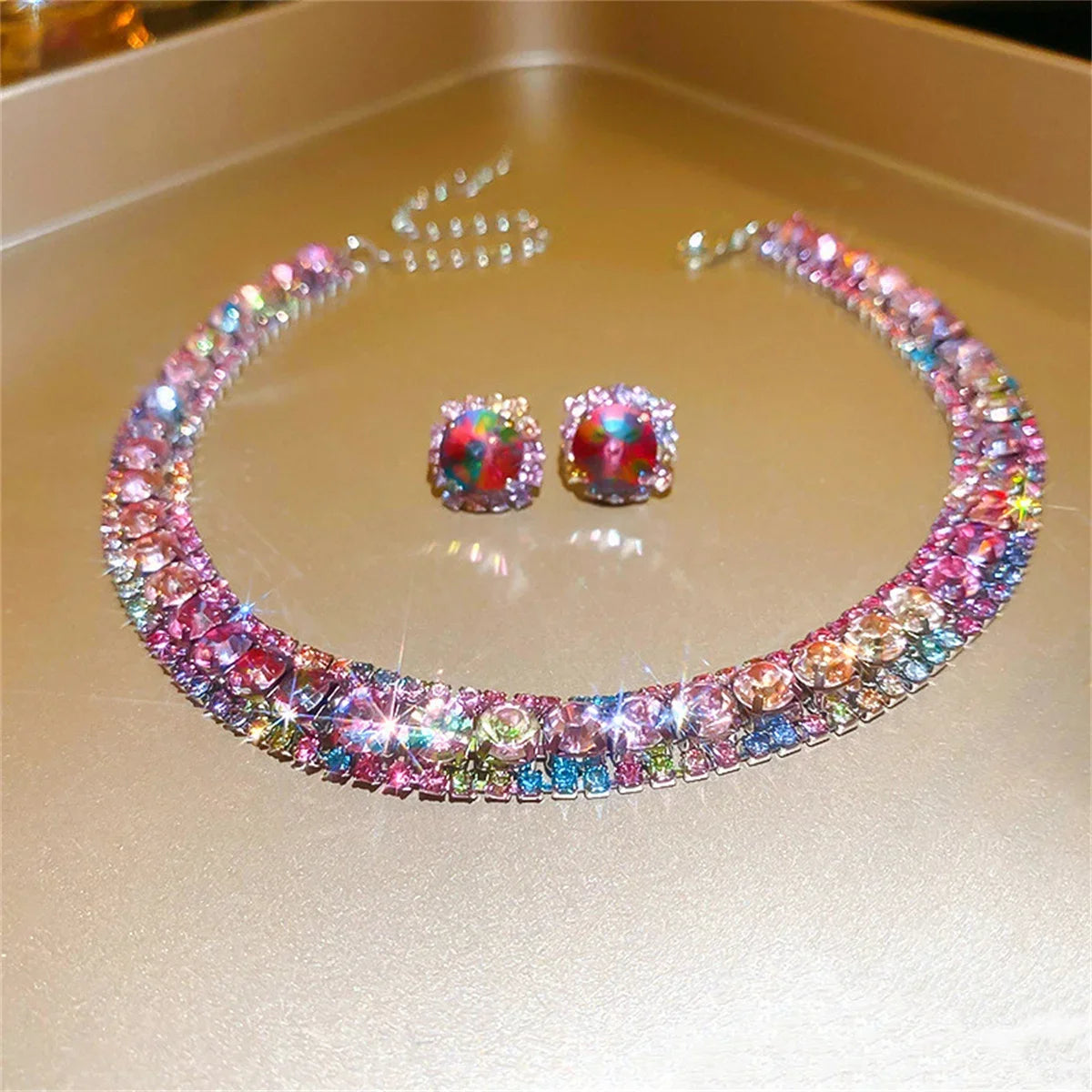 ๐ Crystal Glam โ Kleurrijke Geometrische Sieradenset (Ketting & Oorbellen)
