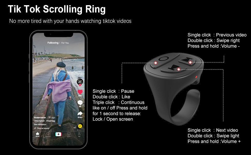 🎥 Titel: GITFOS™ Smart Scroll Ring – TikTok Remote, Auto Clicker & Camera Control in Één