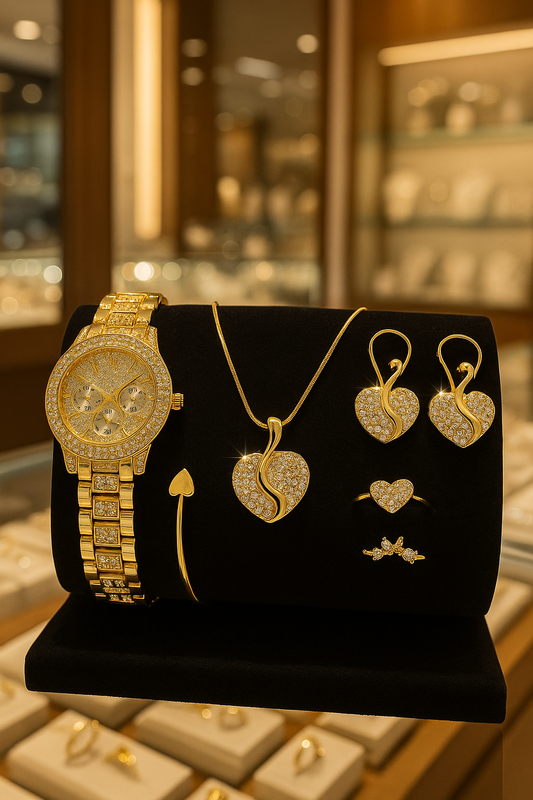 💖 Luxury Heart Sparkle Set – Goudkleurig Horloge & Sieradencombi met Kristallen Accenten  (6-delig)