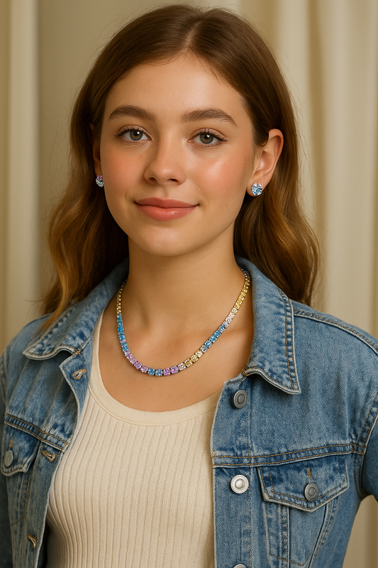 🌈  Crystal Glam – Kleurrijke Geometrische Sieradenset (Ketting & Oorbellen)