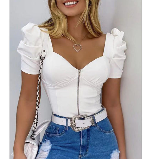 Summer New Sexy U-neck Puff Sleeve Front Zipper Women&#039;s Top