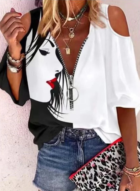 👗 Icevoolen™ Artist Face Print Top – Casual Stijl met Creatieve Twist
