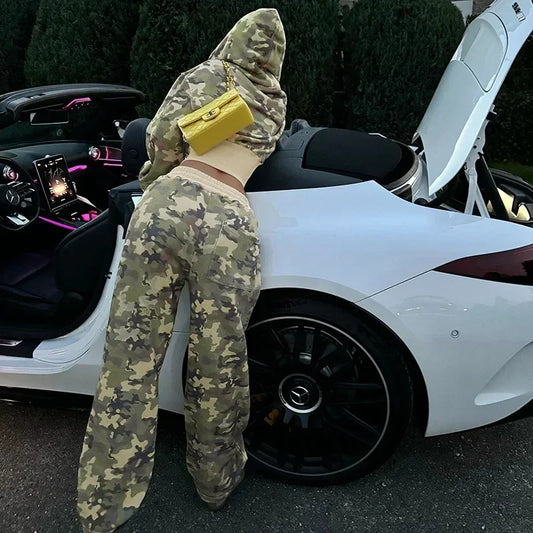 🖤 Camouflage Chic 2-Piece Set – Hoodie & Wide Leg Pants