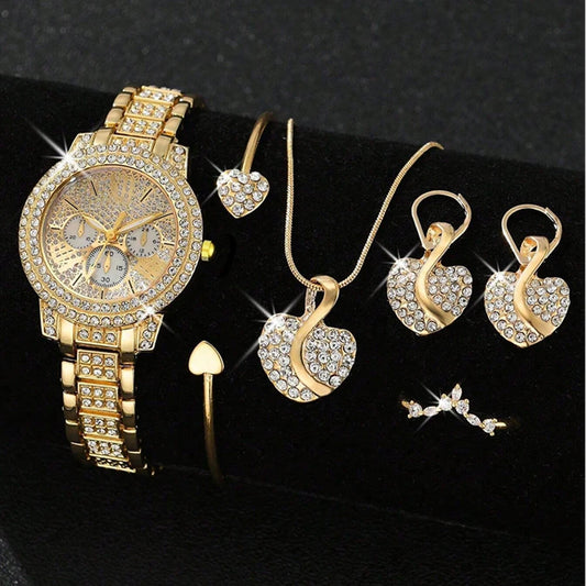 💖 Luxury Heart Sparkle Set – Goudkleurig Horloge & Sieradencombi met Kristallen Accenten  (6-delig)