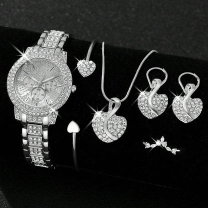 💖 Luxury Heart Sparkle Set – Goudkleurig Horloge & Sieradencombi met Kristallen Accenten  (6-delig)