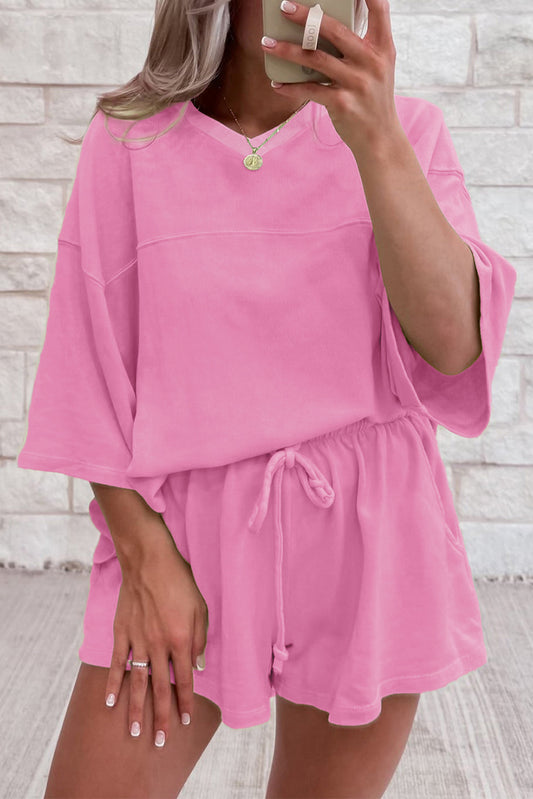 🛍️  Loungewear Set – Zachte V-hals Top & Shorts met Pockets