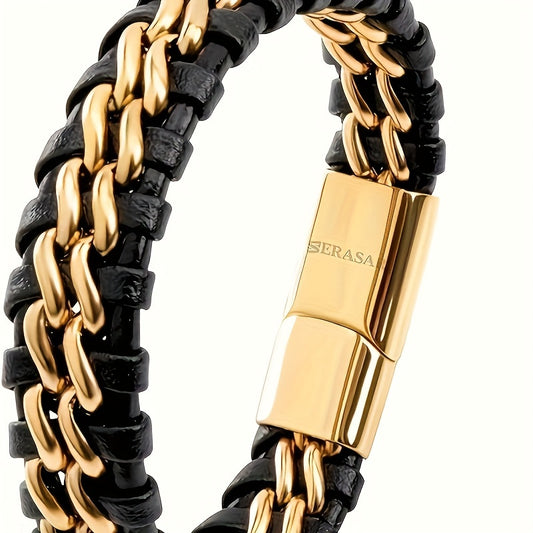 ✨ Bold Elegance – Zwart-Gouden RVS Armband met Vlechtaccent